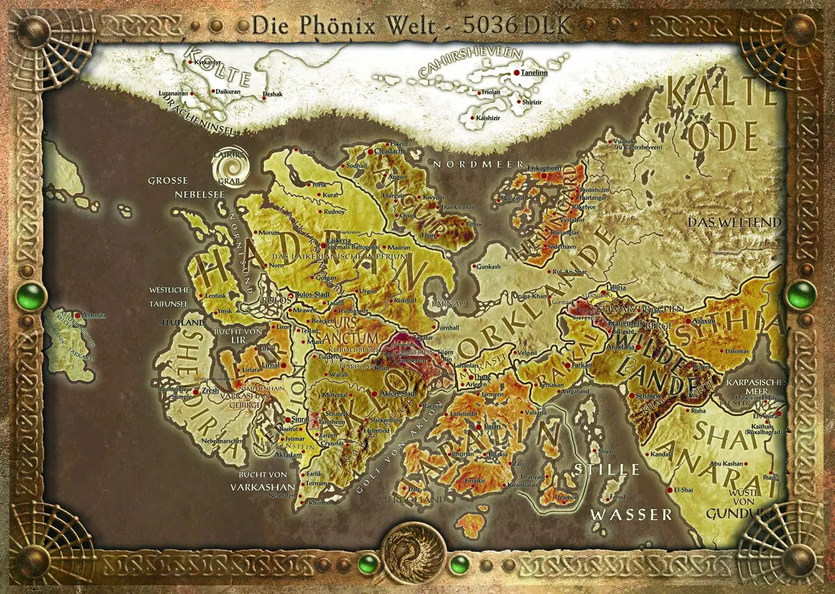 Karte der Phönix Welt im Jahr 5036 d.l.K.: Hadran mit dem laikerianischen Imperium in der Mitte, Sheldiria im Westen, die Orklande im Nordosten, Shai-Anarat im Osten, dazu Laikirs Grab in der Großen Nebelsee